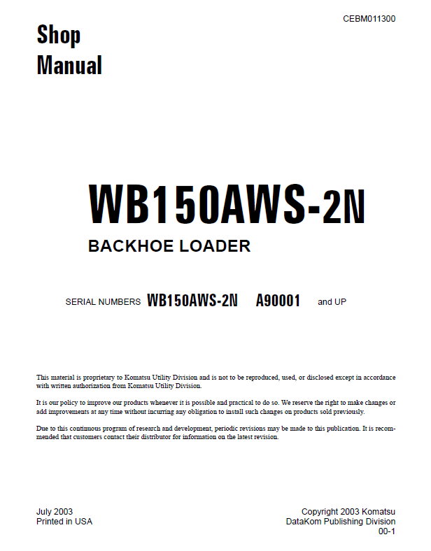 Komatsu WB150AWS-2N Backhoe Loader Manual CEBD011300 PDF