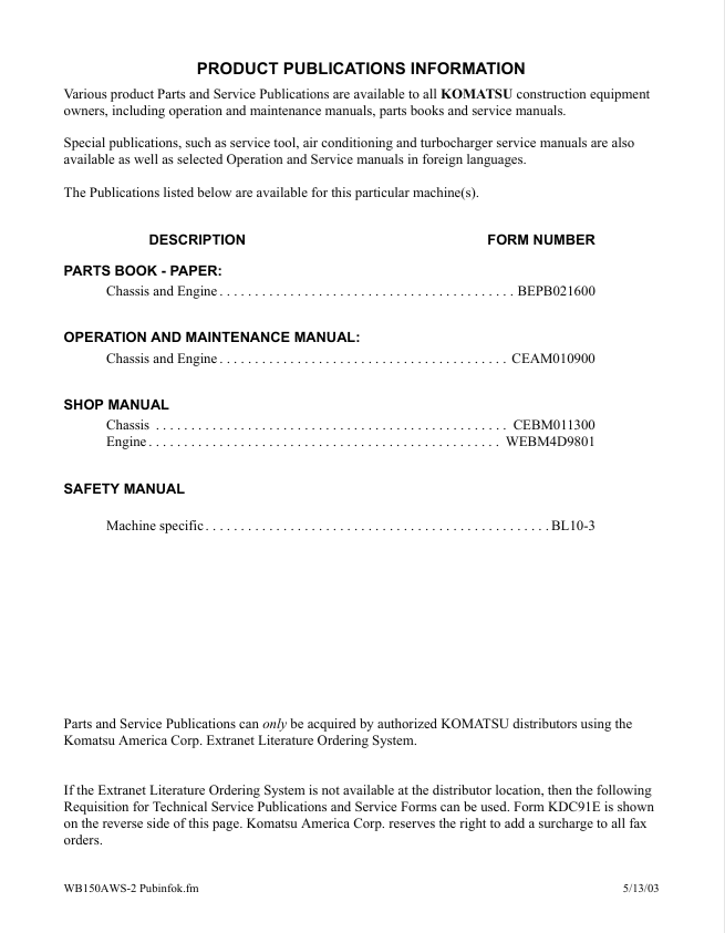 Komatsu WB150AWS-2N Backhoe Loader O&M Manual PDF | Publication No. CEAM010900