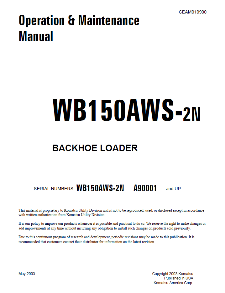 Komatsu WB150AWS-2N Backhoe Loader Operation & Maintenance Manual CEAM010900