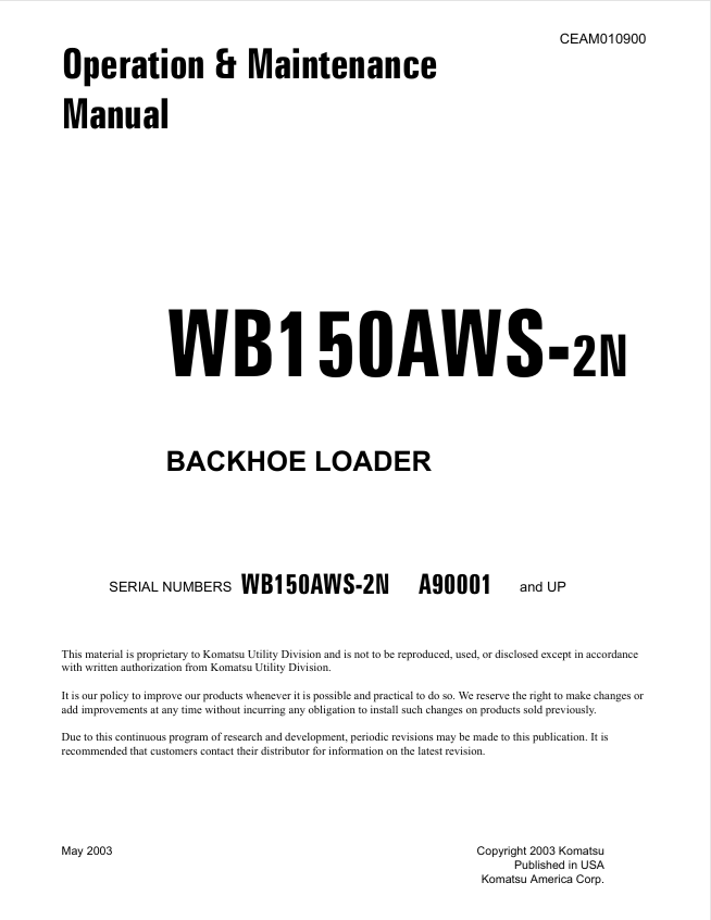 Komatsu WB150AWS-2N Backhoe Loader Operation & Maintenance Manual PDF – CEAM010900