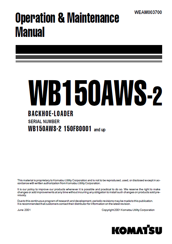Komatsu WB150AWS-2 Backhoe Loader Operation & Maintenance Manual (WEAM003700) - PDF