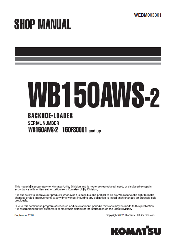 Komatsu WB150AWS-2 Backhoe Loader Shop & Service Manual (PDF)