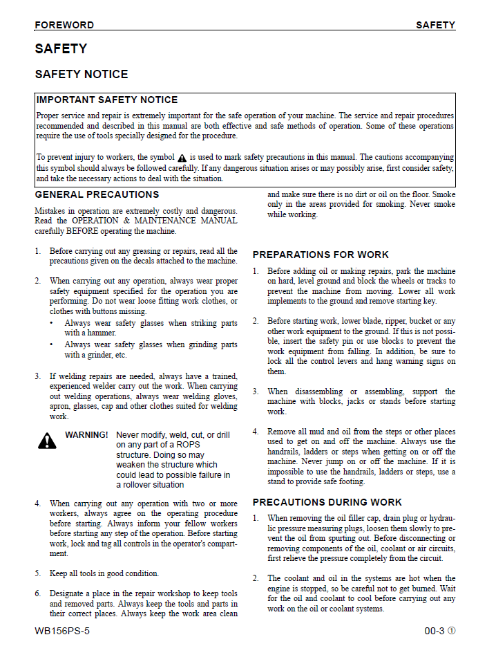 Komatsu WB156PS-5 Service Manual CEBM001505 PDF