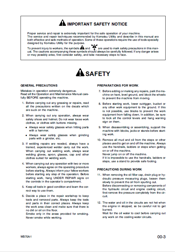 Komatsu WB70A-1 Backhoe Loader Workshop Manual PDF | Full Repair & Service Specs