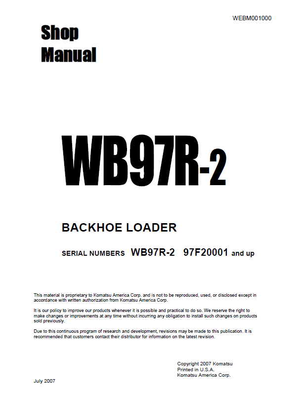 Komatsu WB97R-2 Backhoe Loader Shop & Repair Manual (PDF)