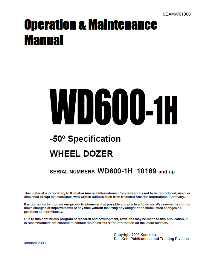 Komatsu WD600-1H Wheel Dozer Operation & Maintenance Manual (SEADW01900)