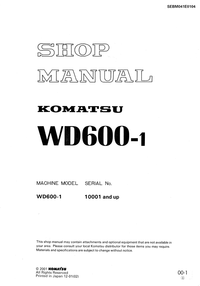 Komatsu WD600-1 Wheel Dozer Shop Service Manual (SEBD041E0104) - PDF Download