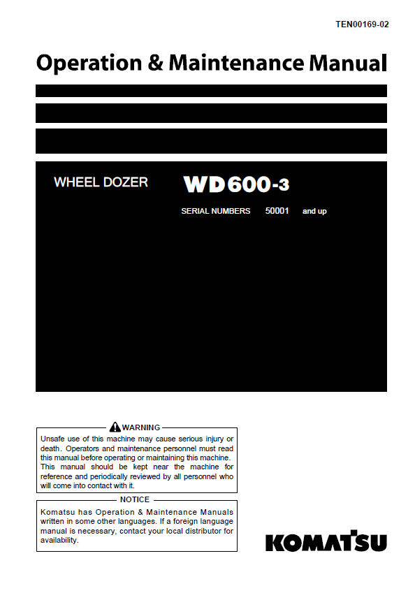 Komatsu WD600-3 Wheel Dozer Operation & Maintenance Manual PDF