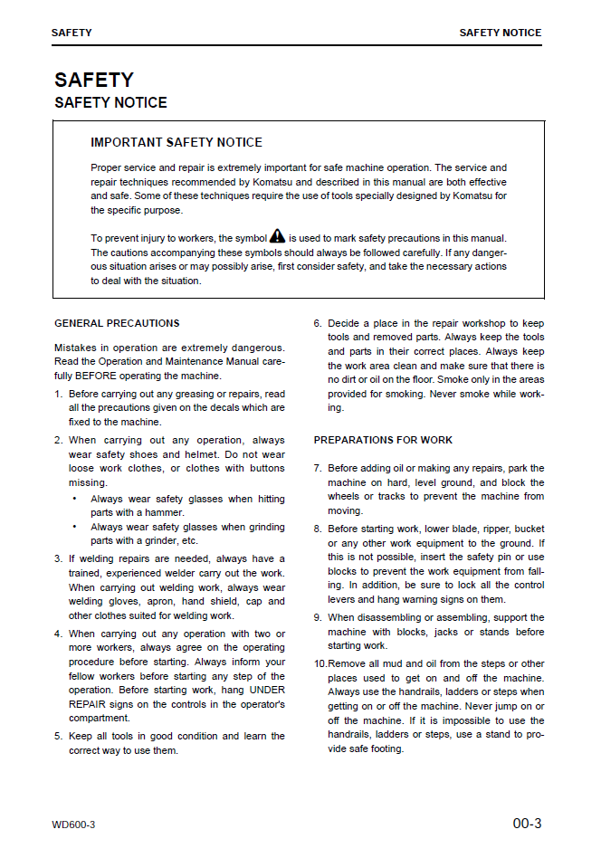 Komatsu WD600-3 Workshop Manual PDF SEBM022905