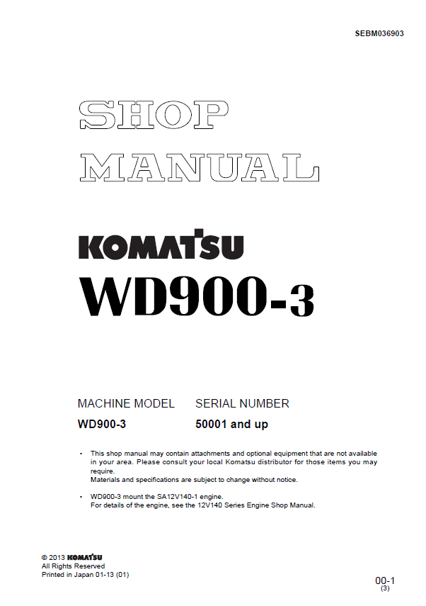 Komatsu WD900-3 Engine Shop Manual SEBM036903 PDF