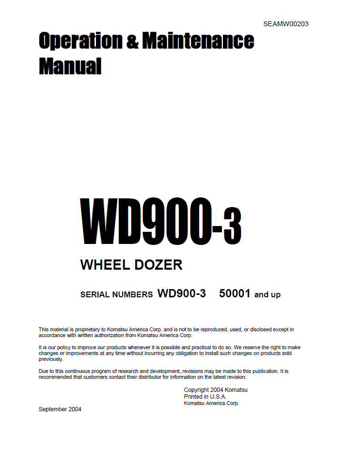 Komatsu WD900-3 Wheel Dozer Operation & Maintenance Manual SEADW00203 PDF
