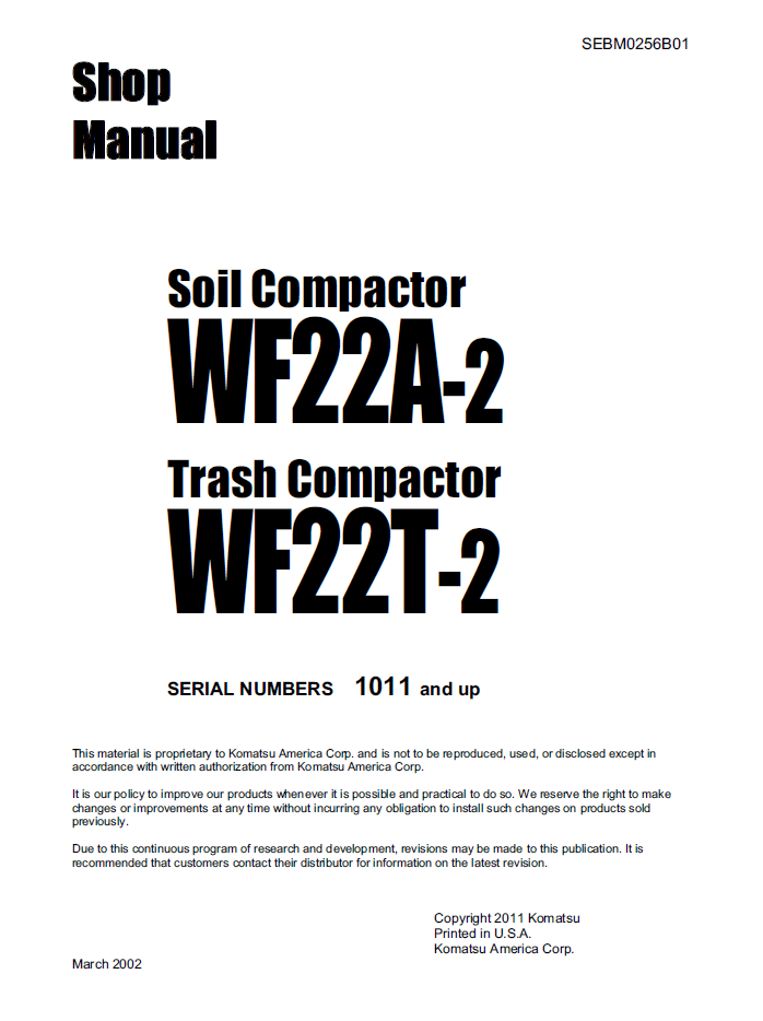 Komatsu WF22A-2 WF22T-2 Compactor Shop Manual SEBM0256B01