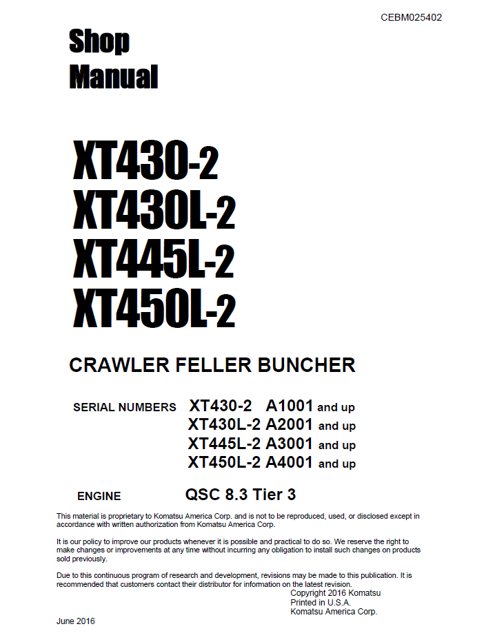 Komatsu XT400-2 Series Crawler Feller Buncher Shop Manual | CEBM025402