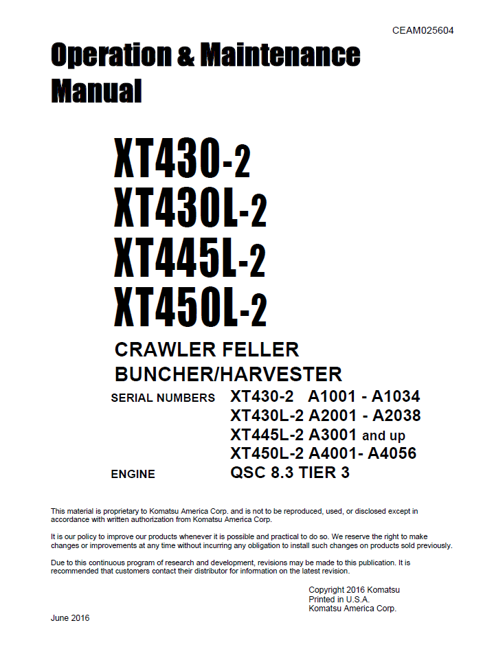 Komatsu XT430-2 XT430L-2 Feller Buncher Manual CEAM025604