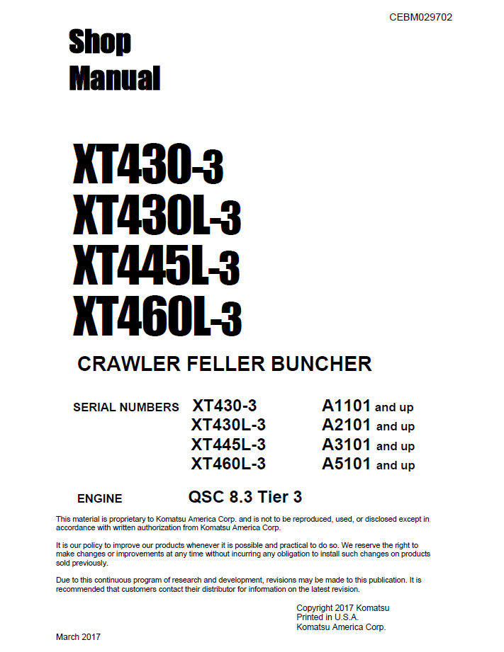 Komatsu XT430-3, XT430L-3, XT445L-3, XT460L-3 Crawler Feller Buncher Shop Manual | CEBM029702 PDF