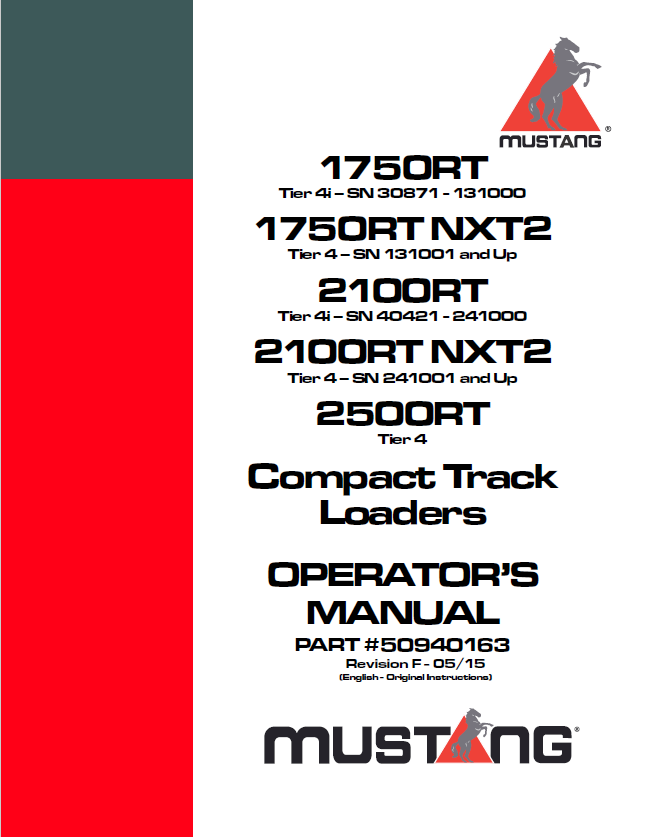 MUSTANG 1750RT 2100RT 2500RT Tier 4 Compact Track Loader Manual PDF