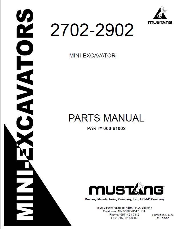MUSTANG 2702 & 2902 Mini Excavator Parts Catalog Manual PDF 000-61002