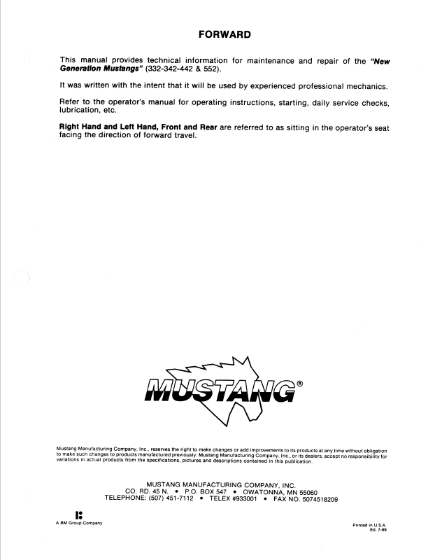 MUSTANG 332-552 Repair & Service Manual PDF 087-00184