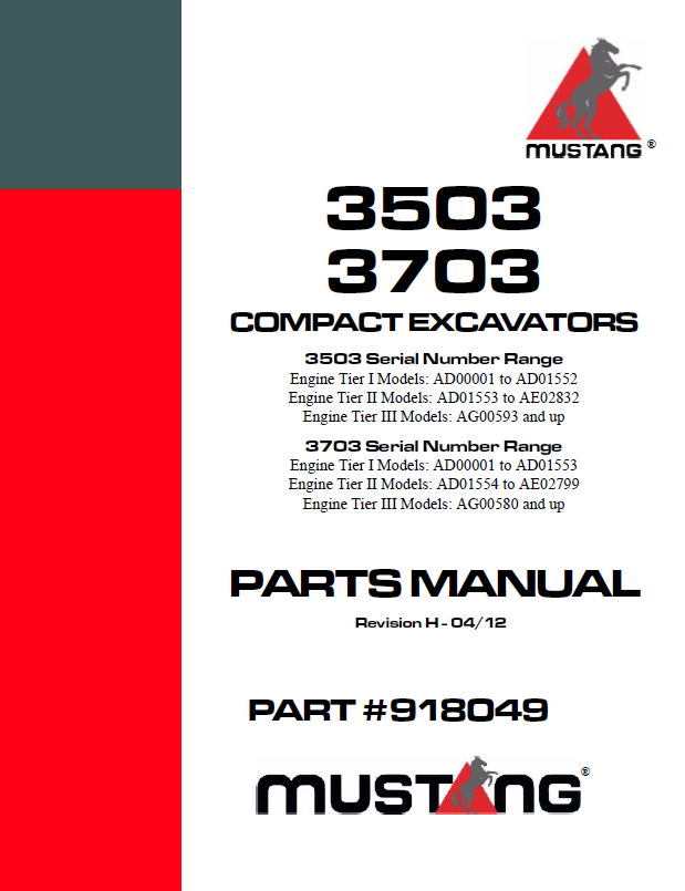 MUSTANG 3503 & 3703 Compact Excavator Parts Catalog Manual 918049 PDF