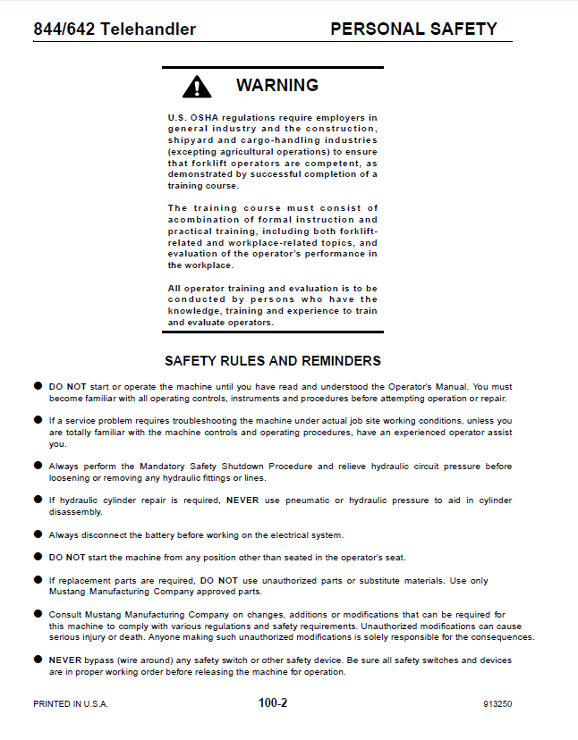 MUSTANG 642/844 Telehandler Maintenance & Repair Manual PDF