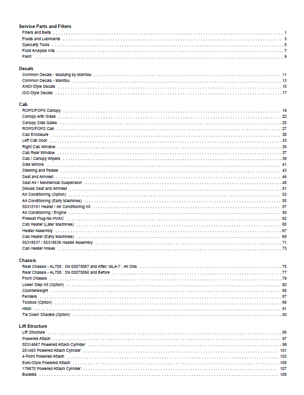 MUSTANG 708 MLA-7 Articulated Loader Spare Parts Catalog PDF Manual