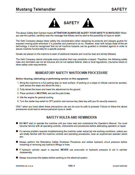 MUSTANG 742 944 1155 Telehandler Maintenance Manual 913237 PDF