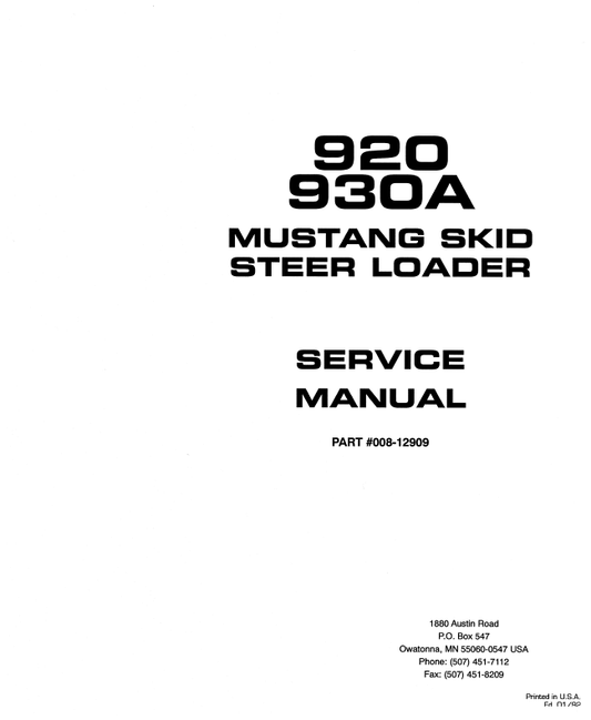 MUSTANG 920 & 930A Skid Steer-Loader Service Manual PDF 008-12909