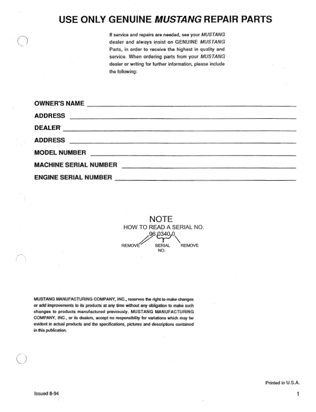 MUSTANG 920 E-Series Parts Manual PDF Download 000-38895