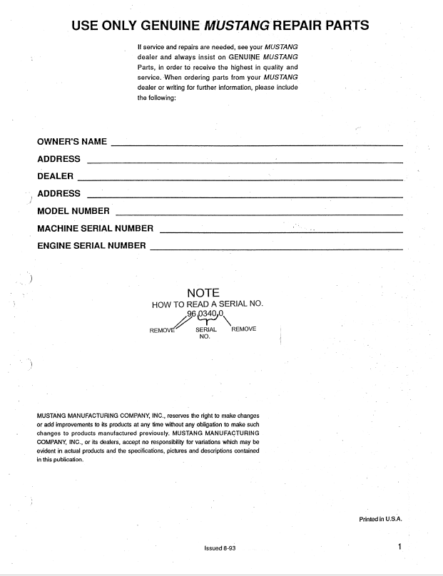 MUSTANG 930A E-Series Parts Catalog Manual Download | PDF 000-48895