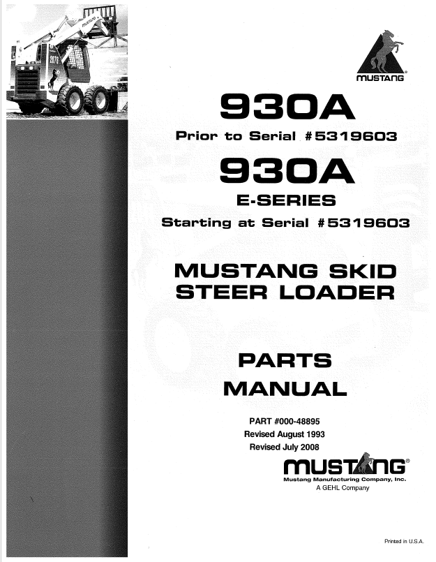 MUSTANG 930A E-Series Skid Steer Loader Parts Catalog Manual PDF 000-48895
