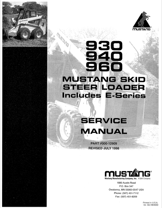 MUSTANG 930 940 960 E-Series Skid Steer Loader Service Manual PDF 000-12909