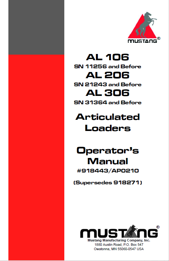MUSTANG AL106 AL206 AL306 Articulated Loader Operator Manual 918443 PDF