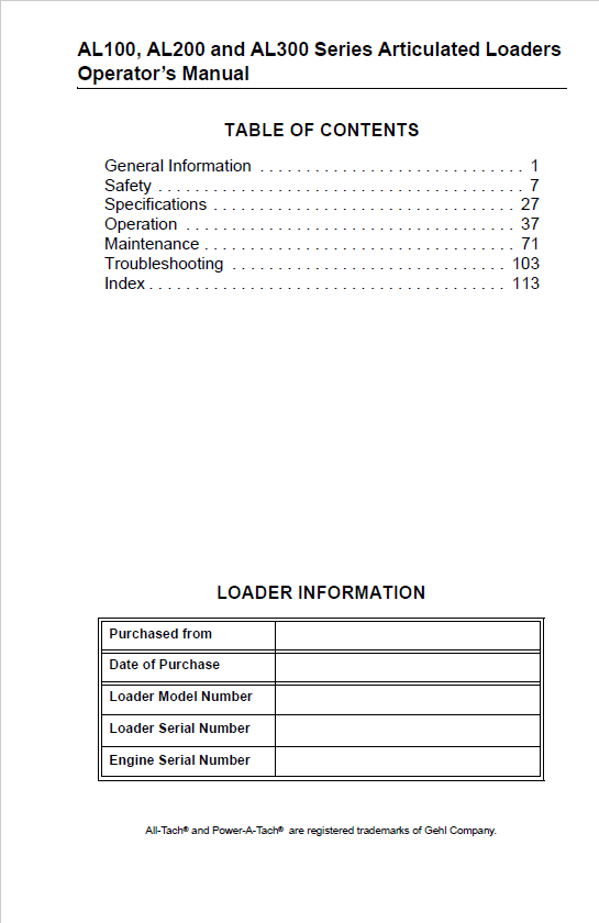MUSTANG AL106 AL206 AL306 Loader Operator & Maintenance Manual PDF