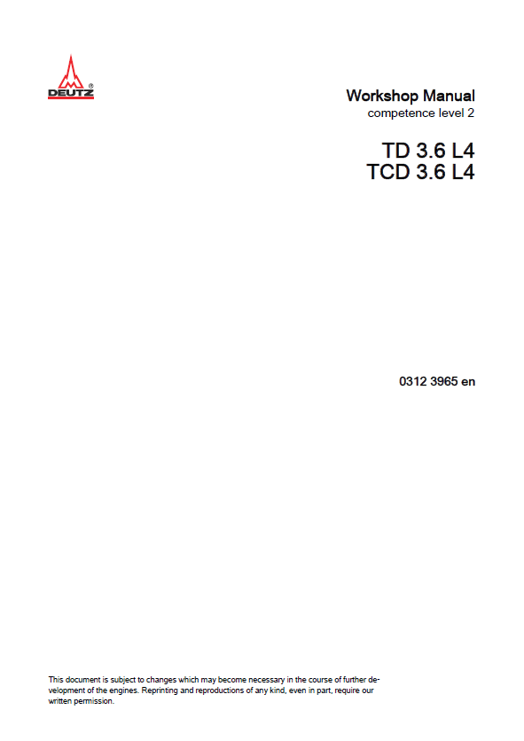MUSTANG DEUTZ TD 3.6 L4 & TCD 3.6 L4 Engine Workshop Manual PDF