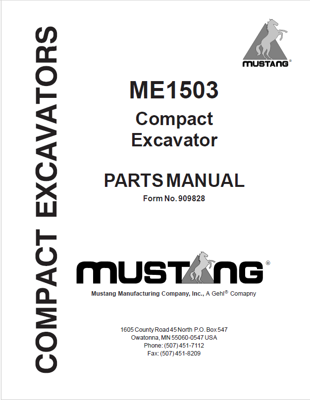 MUSTANG ME1503 Compact Excavator Parts Catalog Manual 909828 PDF