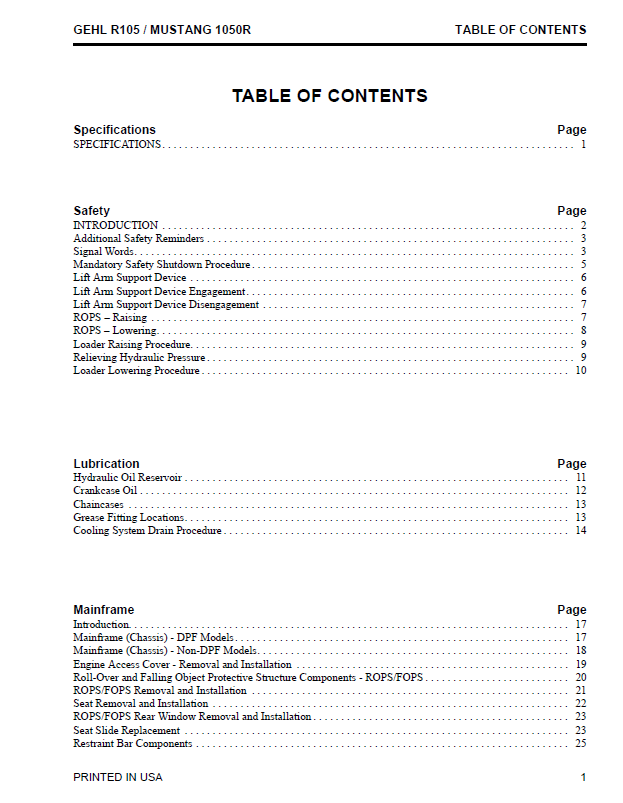 MUSTANG R105 Skid Steer Loader Workshop Service Manual Download
