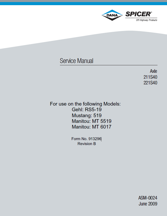 MUSTANG SPICER 211S40, 221S40 Service Manual 913296B PDF