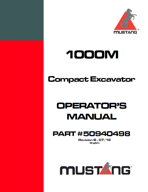 Mustang 1000M Compact Excavator Operator Manual 50940498 PDF Download