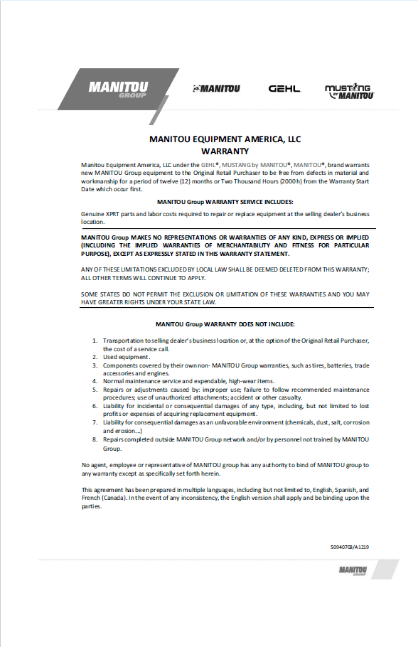 Mustang 1050R / 1050R EU Skid-Steer Loader Manual (50950262)