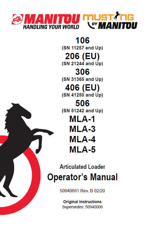 Mustang 106-506 Articulated Loader Operator Manual 50940661 PDF Download