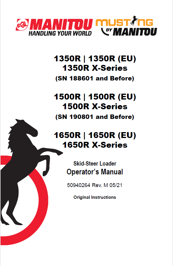 Mustang 1350R, 1500R, 1650R Skid-Steer Operator Manual (PDF)