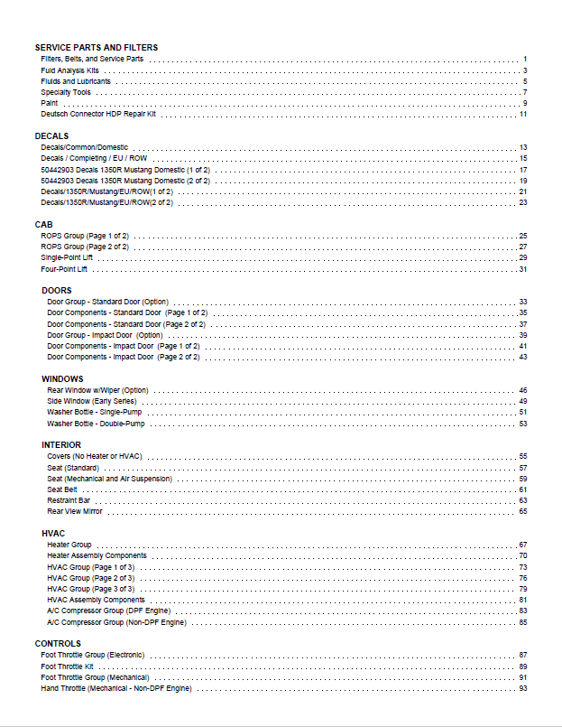 Mustang 1350R NXT2 X-Series Skid Steer Parts Manual (50950498)