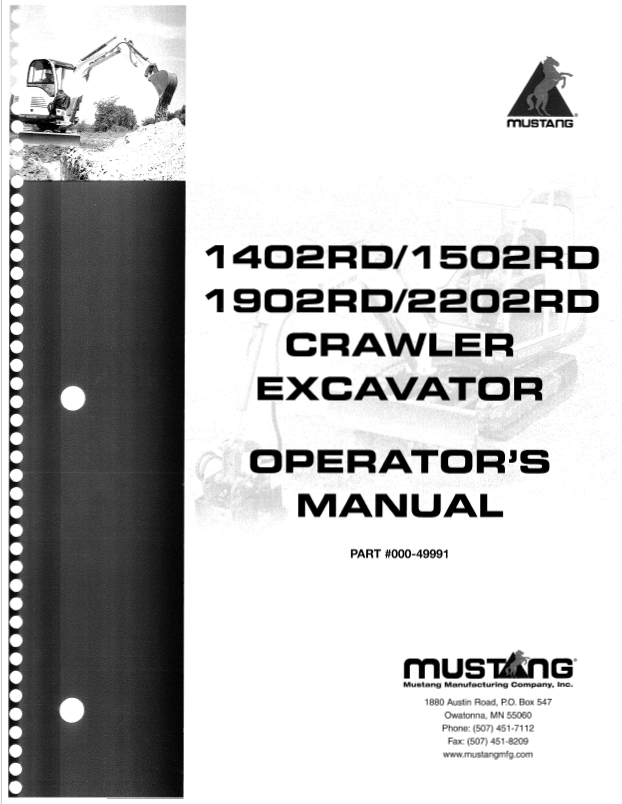 Mustang 1402RD, 1502RD, 1902RD, 2202RD Excavator Operator Manual PDF