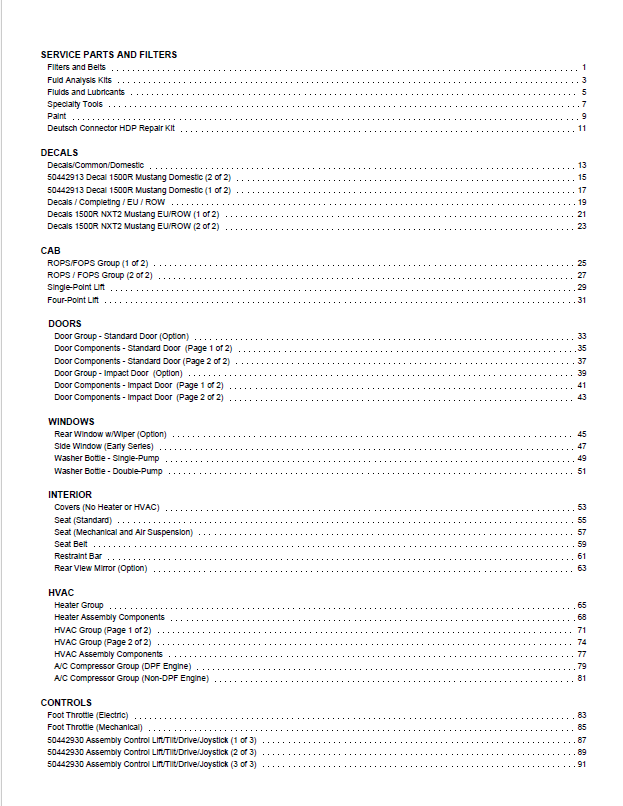 Mustang 1500R NXT2 Compact Skid-Steer Parts Catalog (50950516)