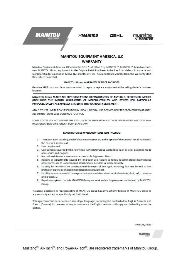 Mustang 1650RT Compact Track Loader Operation & Maintenance Manual