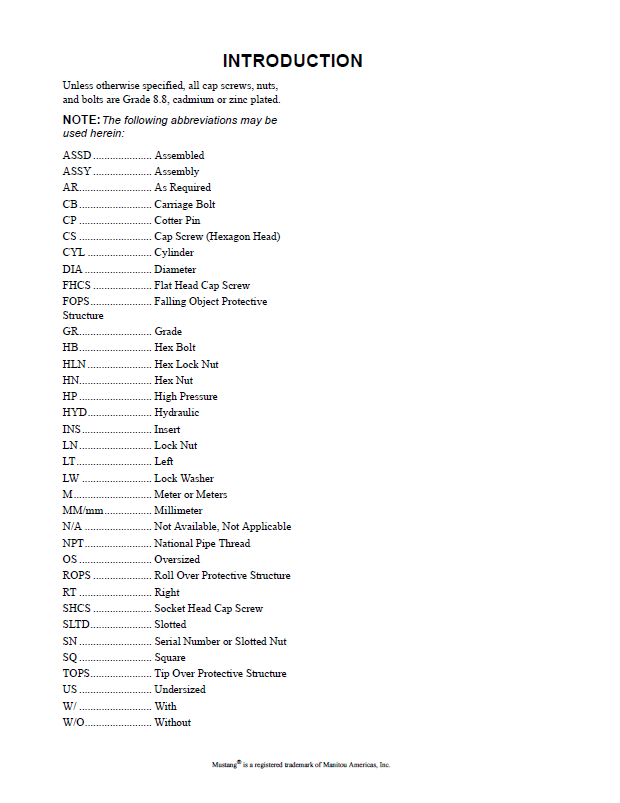 Mustang 170Z Compact Excavator Parts List & Catalog Manual PDF