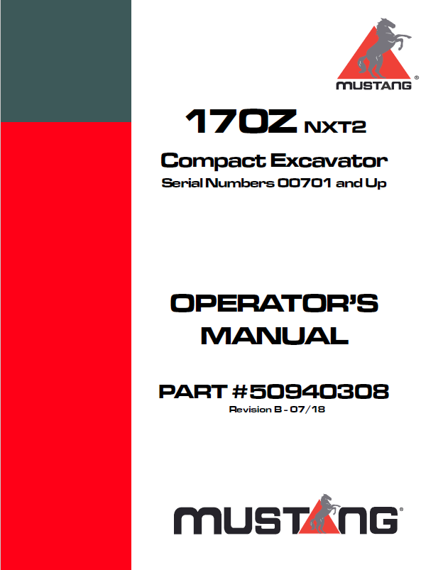 Mustang 170Z NXT2 Compact Excavator Operator Manual 50940308 PDF