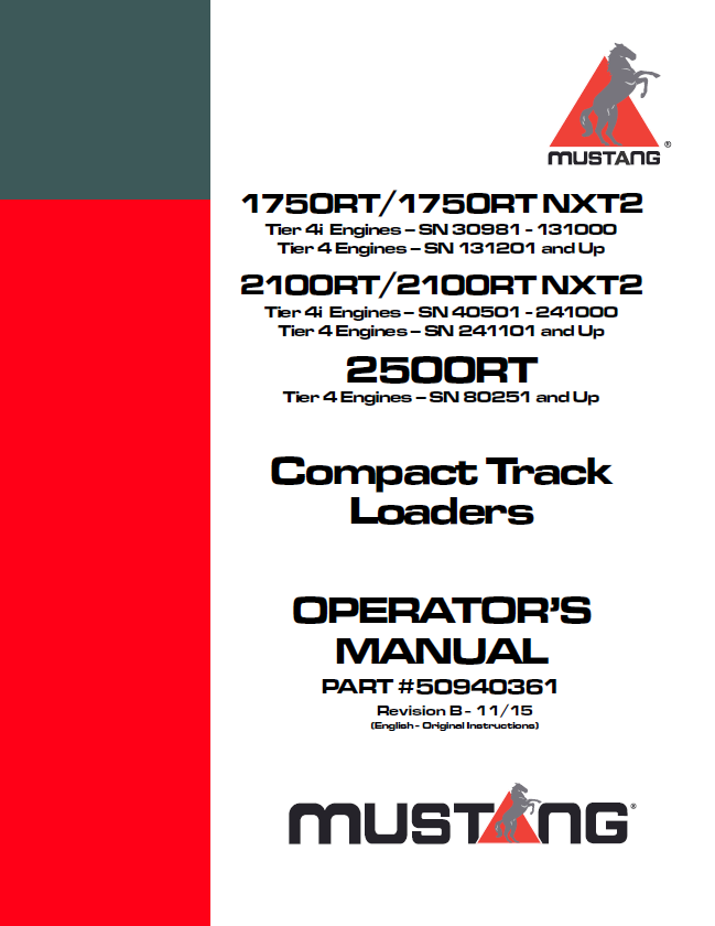 Mustang 1750RT 2100RT 2500RT Compact Track Loader Manual PDF 50940361