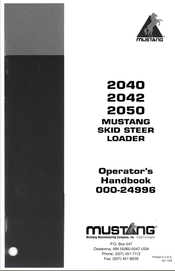 Mustang 2040, 2042 & 2050 Skid Steer Loader Operator Manual PDF 000-24996