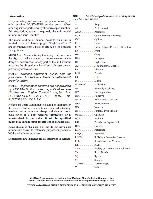 Mustang 2044 2054 Skid Steer Loader Parts Manual Download PDF 917027